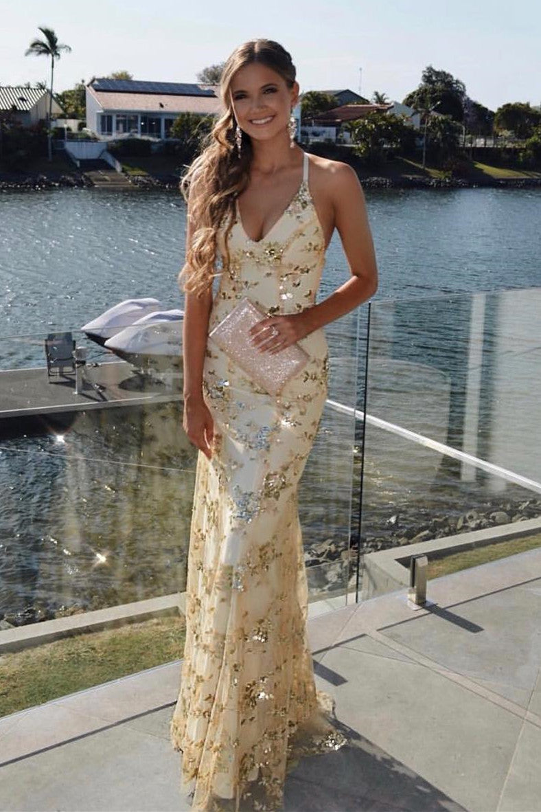 Kara Dressystars  Lace-Up Mermaid Long Gold Elegant Prom Dress with Sequin Material 