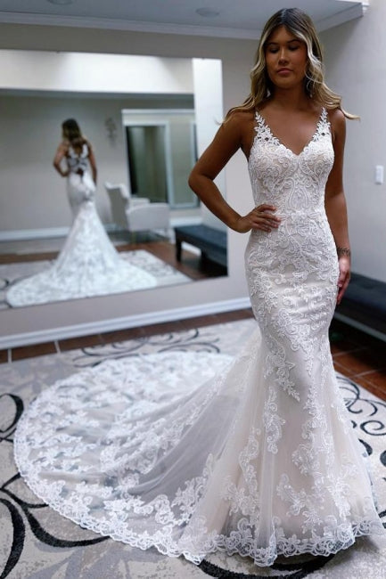 Ivory Wedding Dress Spaghetti Straps Mermaid Tulle Bridal Dress with Appliques