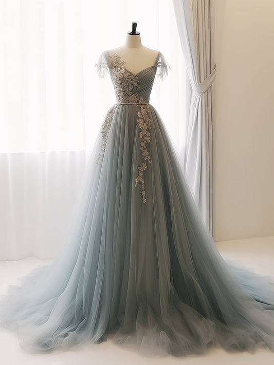 A-Line Sweetheart Neck Tulle Lace Gray Blue Long Prom Dress Gray Blue Formal Dress