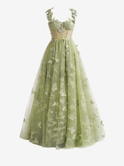 Green A-line Butterfly Lace Lilac Sexy Corset Elegant Prom Dress with Split Design