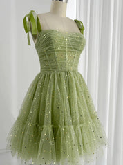 green tulle sequin styles spagheti straps pleats homeocming dress