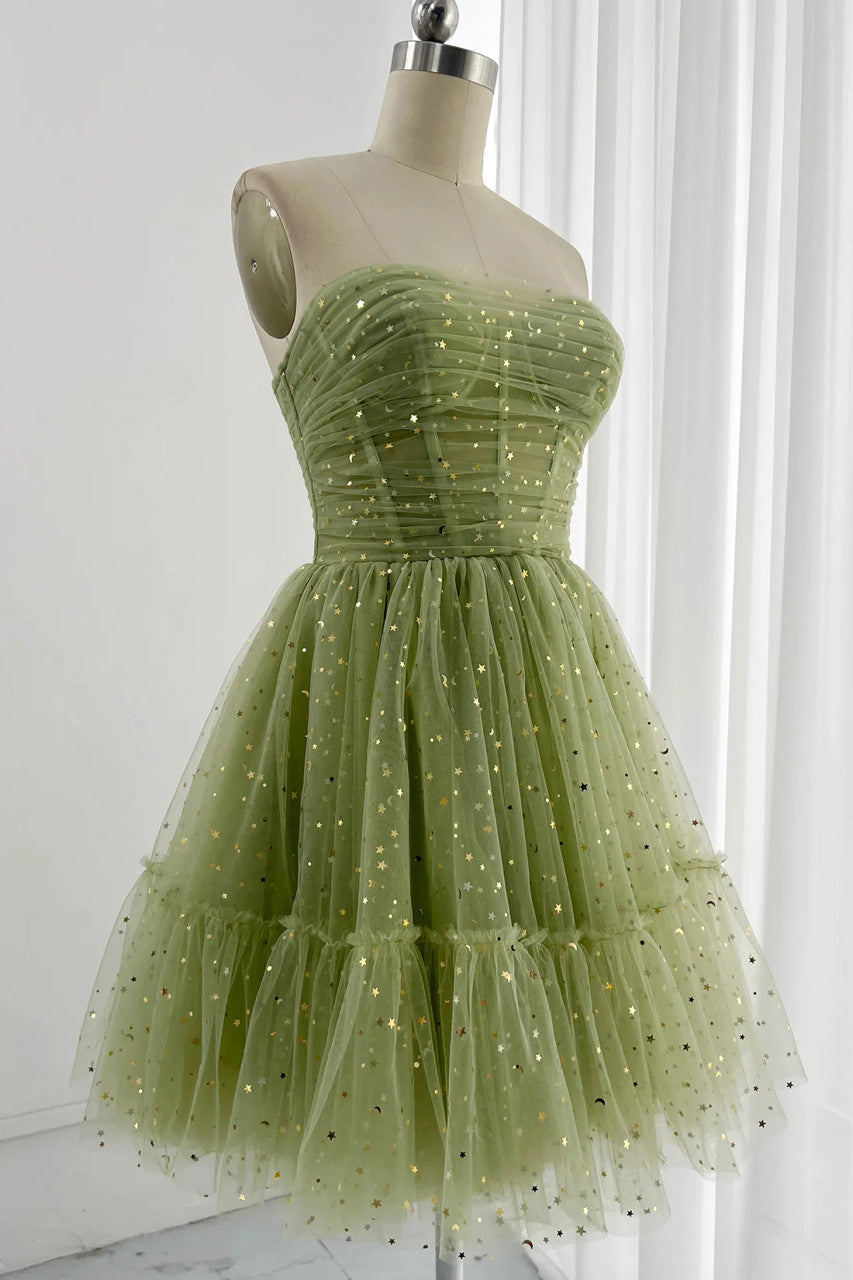 green tulle sequin styles spagheti straps pleats homeocming dress