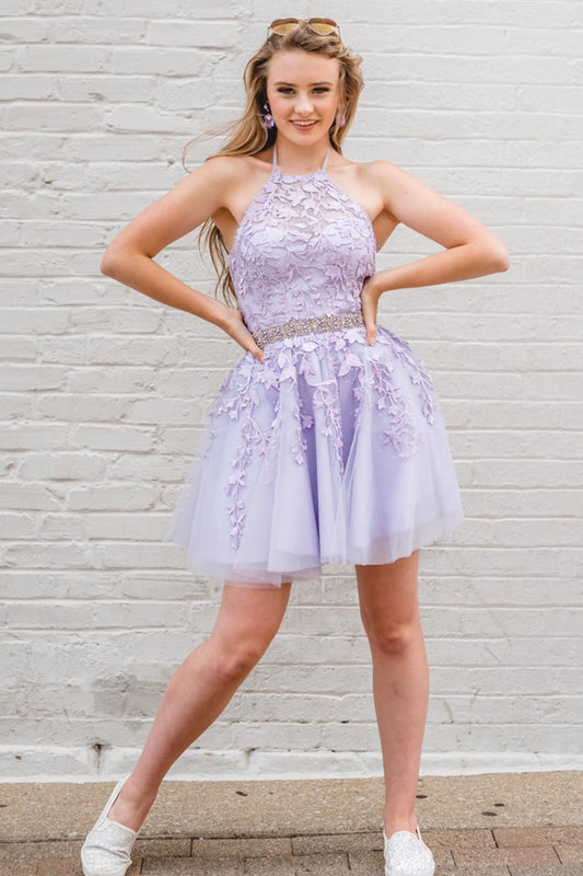 halter neck short purple lace homecoming dress