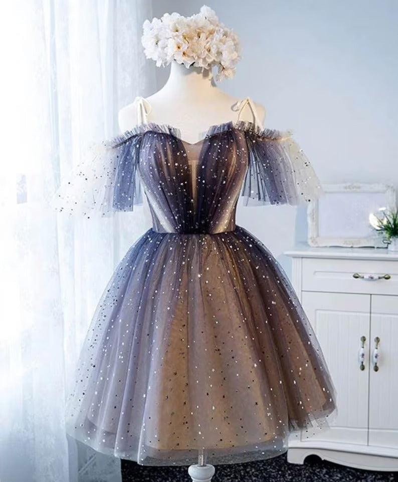 heart shaped sexy v neck starlit cloud tulle mini length homecoming dress