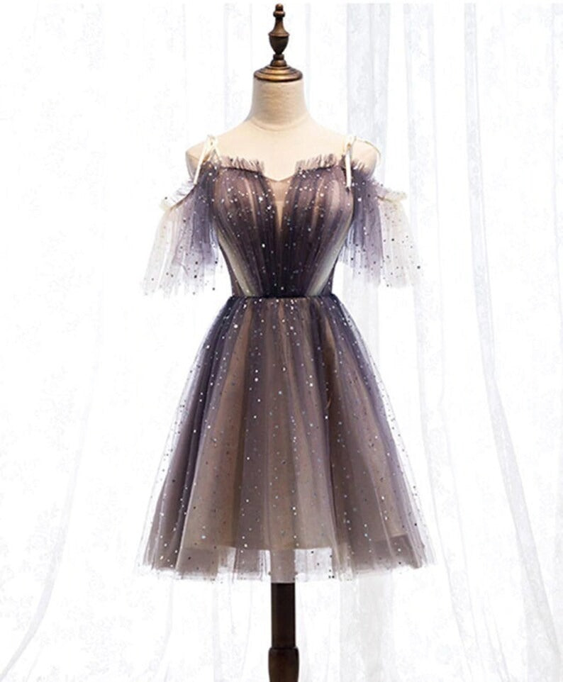 heart shaped sexy v neck starlit cloud tulle mini length homecoming dress