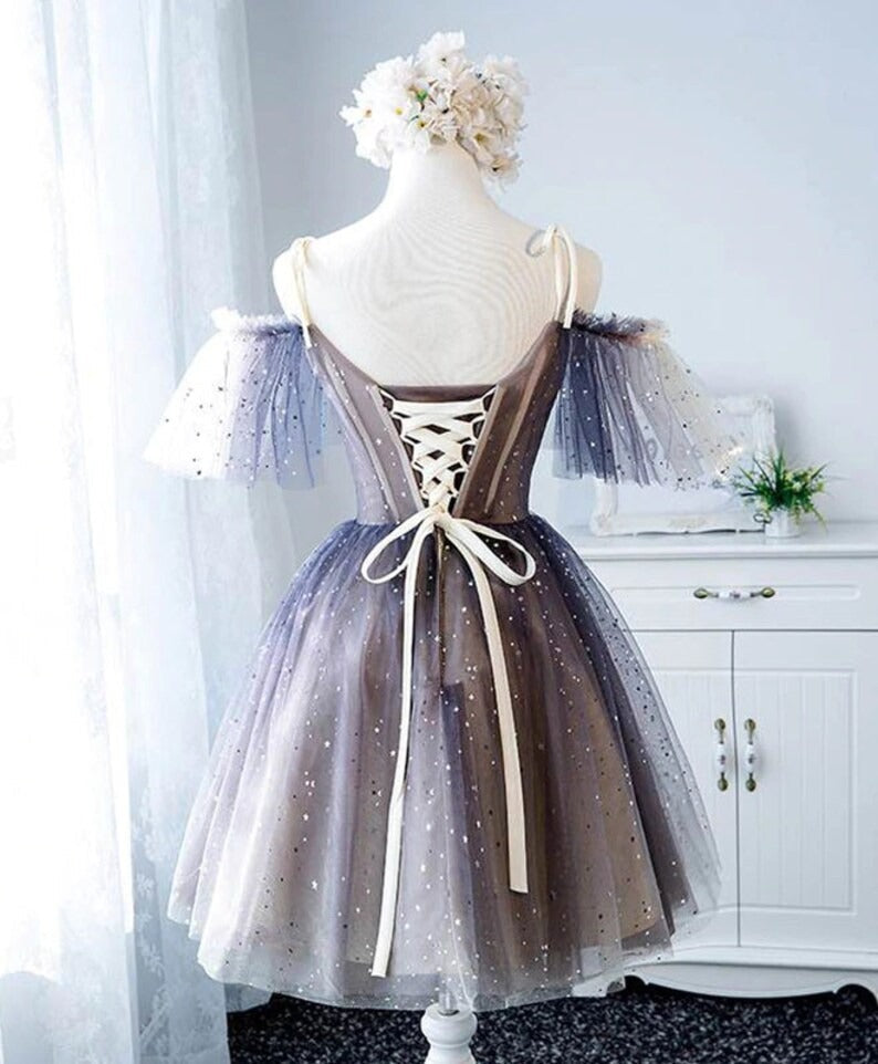 heart shaped sexy v neck starlit cloud tulle mini length homecoming dress