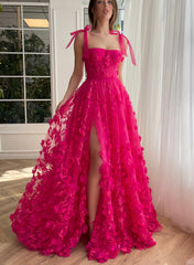 Dressystars  Fuchsia Elegant A-line 3D Flower Lace Elegant Prom Dress With Split Design