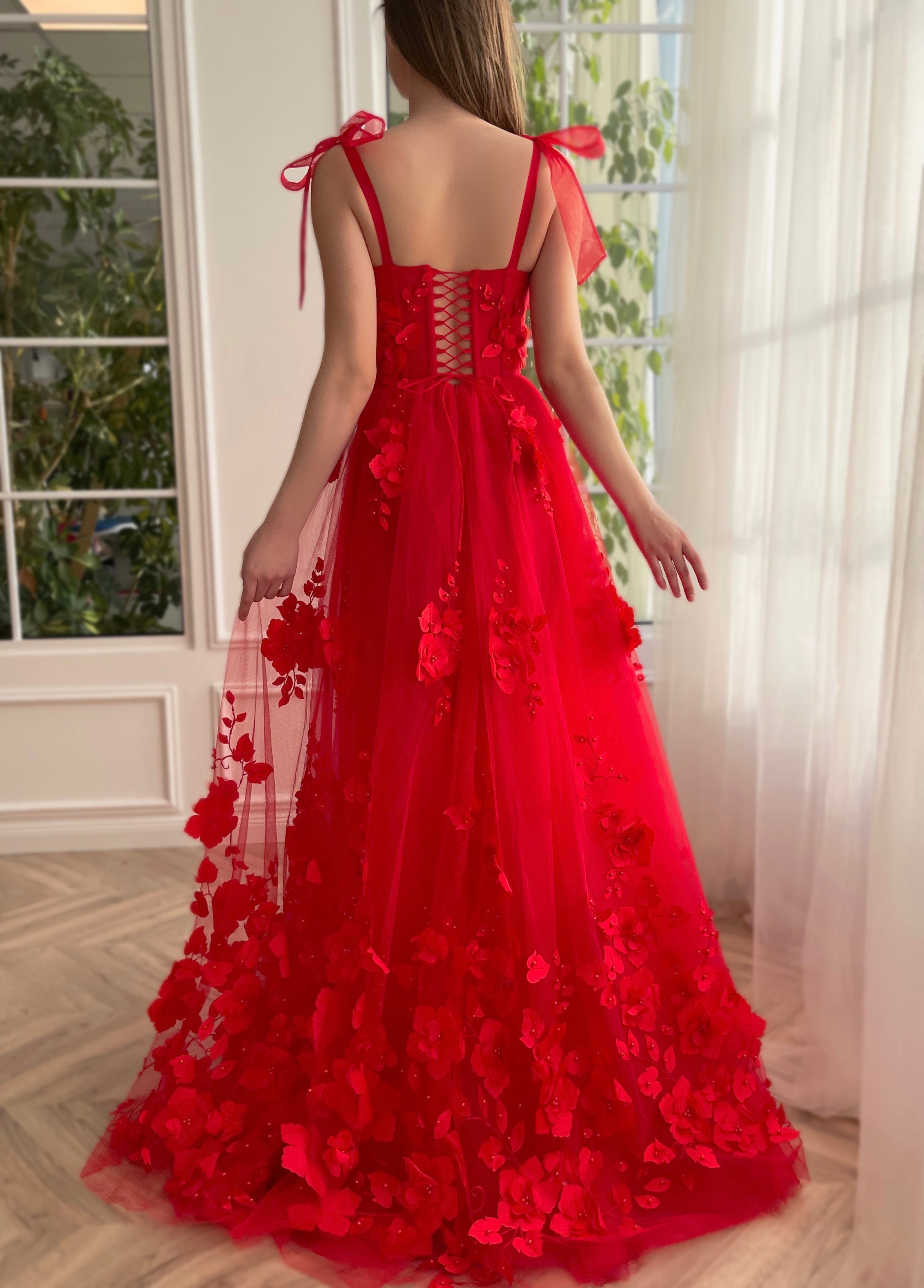 Cameron Dressystars  Scarlet Lace A-line 3D Flower Long Elegant Prom Dress With Split Design