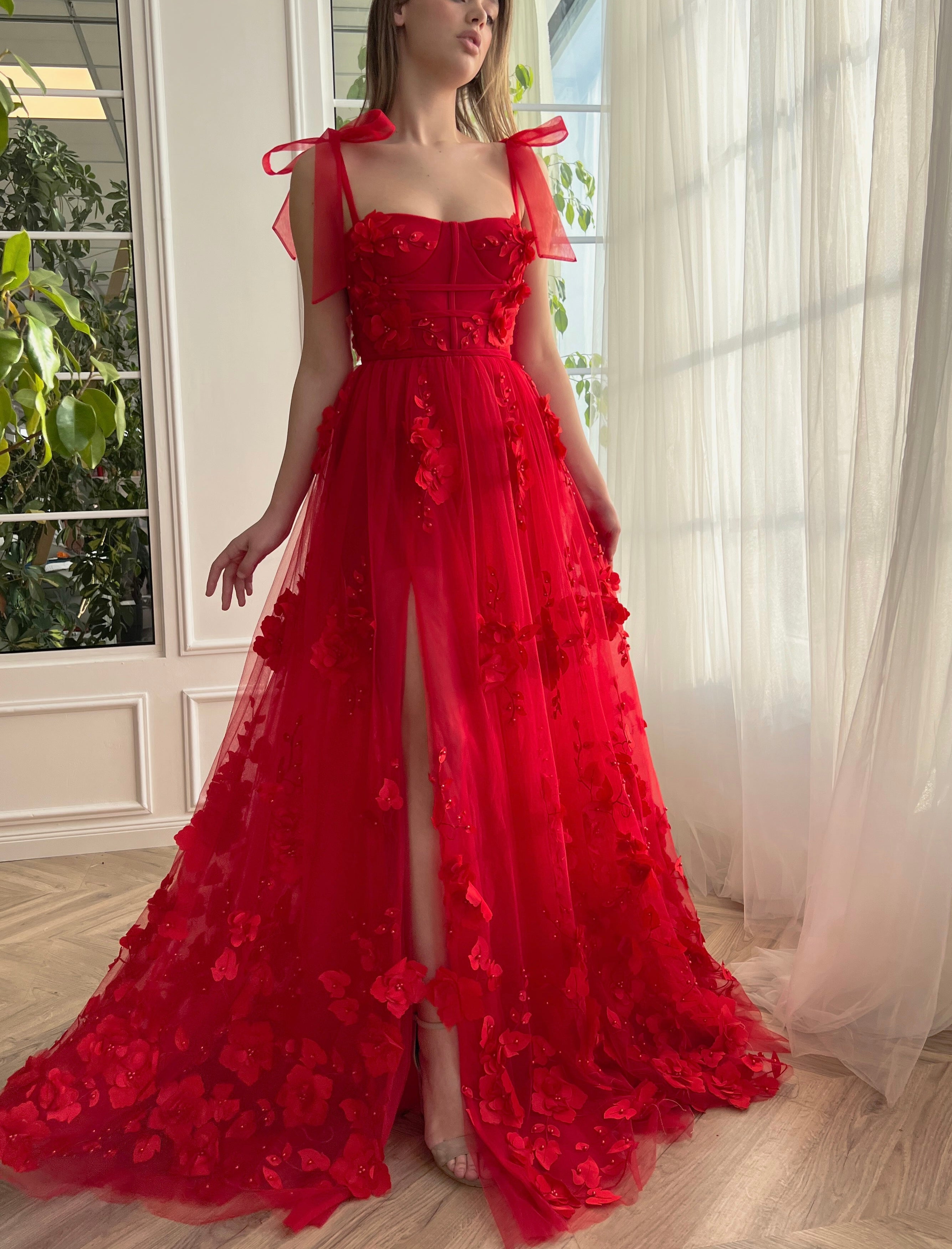 Cameron Dressystars  Scarlet Lace A-line 3D Flower Long Elegant Prom Dress With Split Design