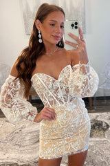 ivory lace strapless bandeau version short homecoming dress with detachable sleeves