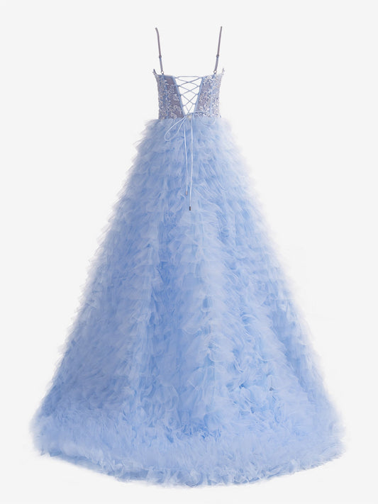 Dressystars  Sky Blue A-Line Tiered Sequin Material  Tulle Material Long Prom Dress