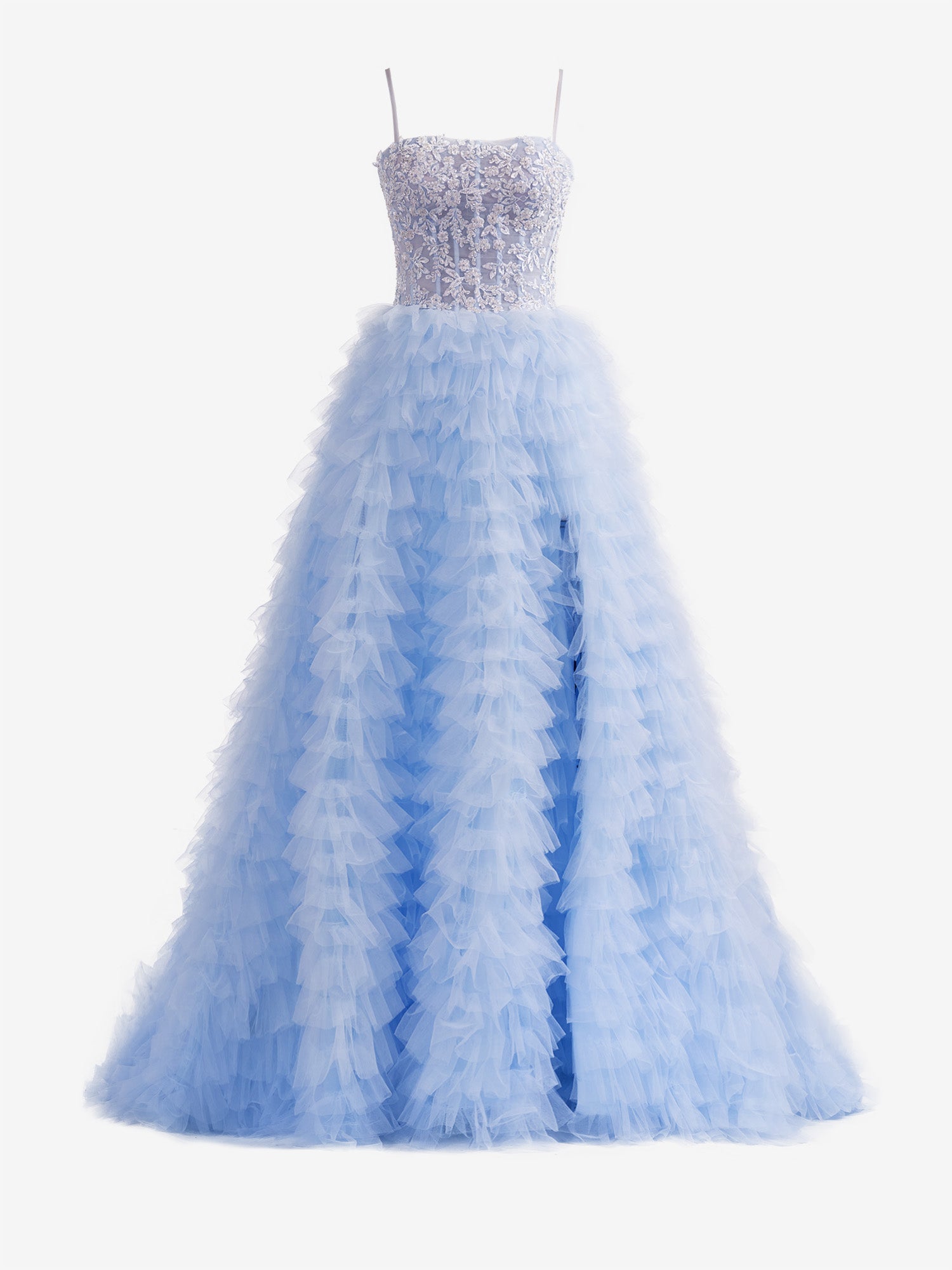 Dressystars  Sky Blue A-Line Tiered Sequin Material  Tulle Material Long Prom Dress