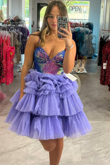 lavender sequin style sexy v neck ruffle hierarchical short homecoming dress