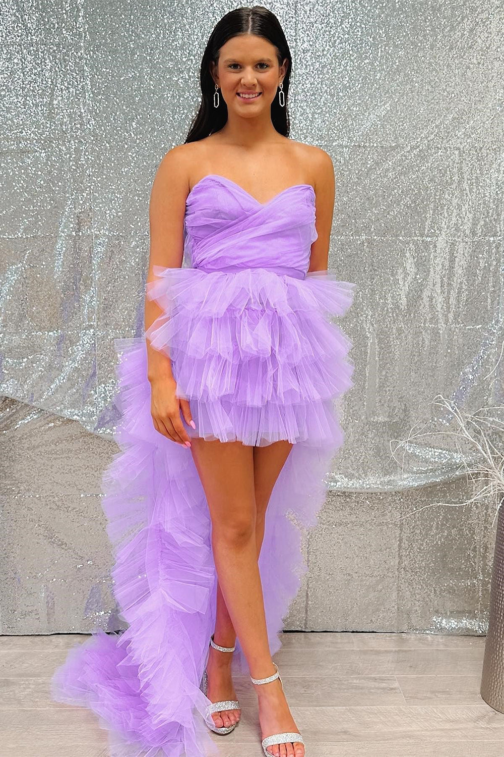 lilac tulle strapless bandeau version high low homecoming dress with ruffle edge