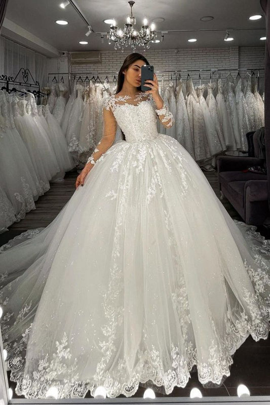 Long Sleeves Lace Appliques Tulle Wedding Gown White A Line Bridal Gown