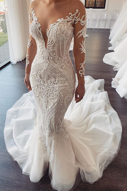 Ivory Wedding Dress Long Sleeves V Neck Lace Mermaid Tulle Bridal Dress