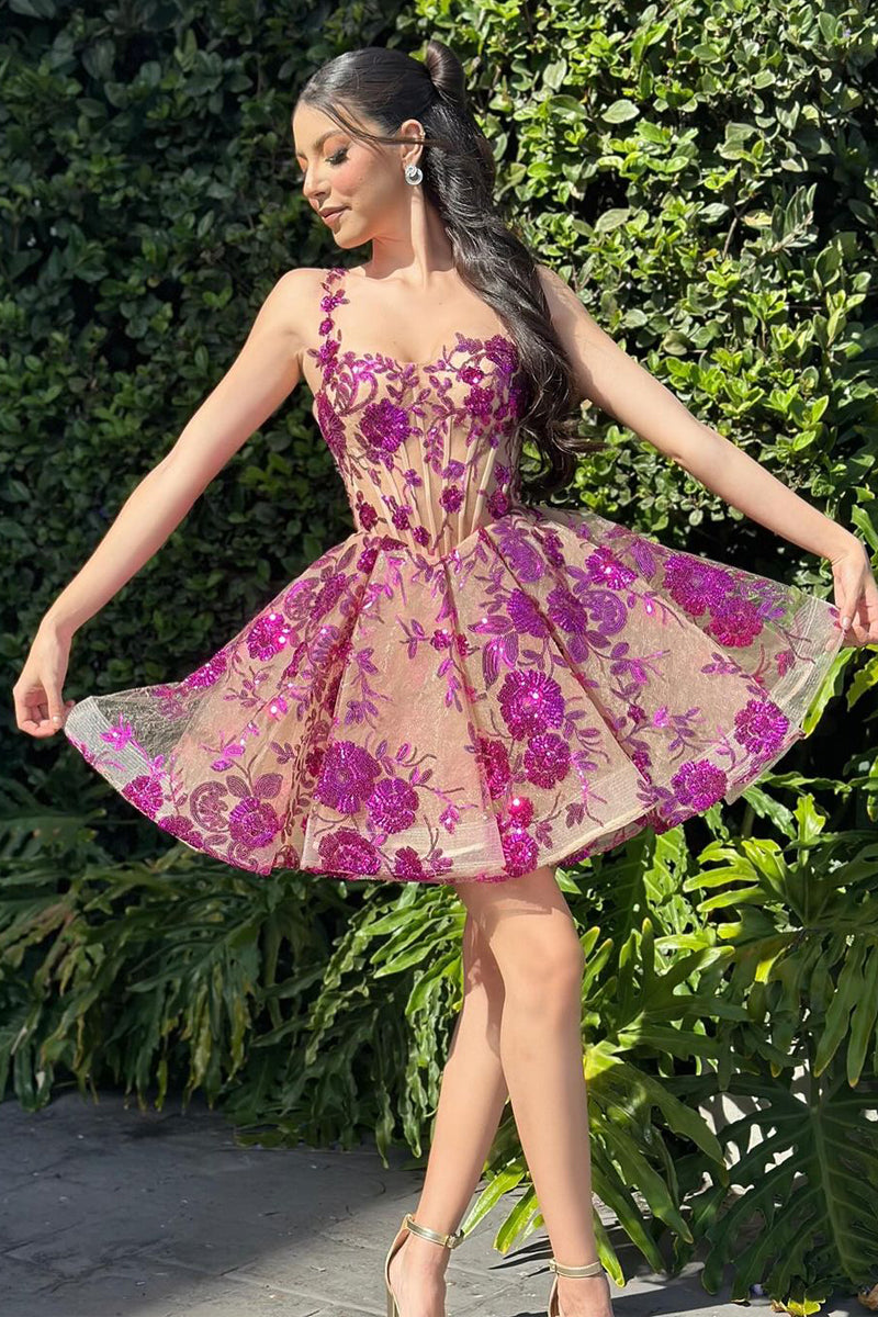 lovely a line purple sequin styles appliques heart shaped short homecoming dress