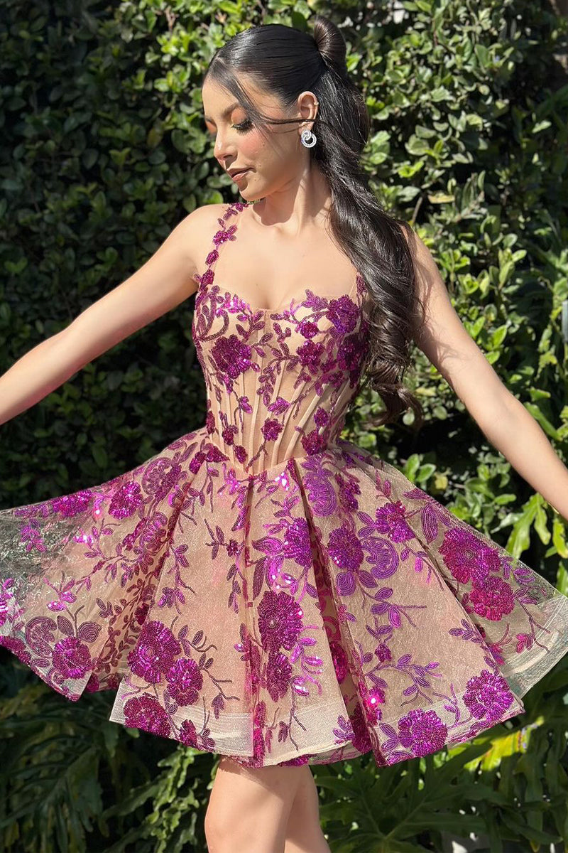 lovely a line purple sequin styles appliques heart shaped short homecoming dress