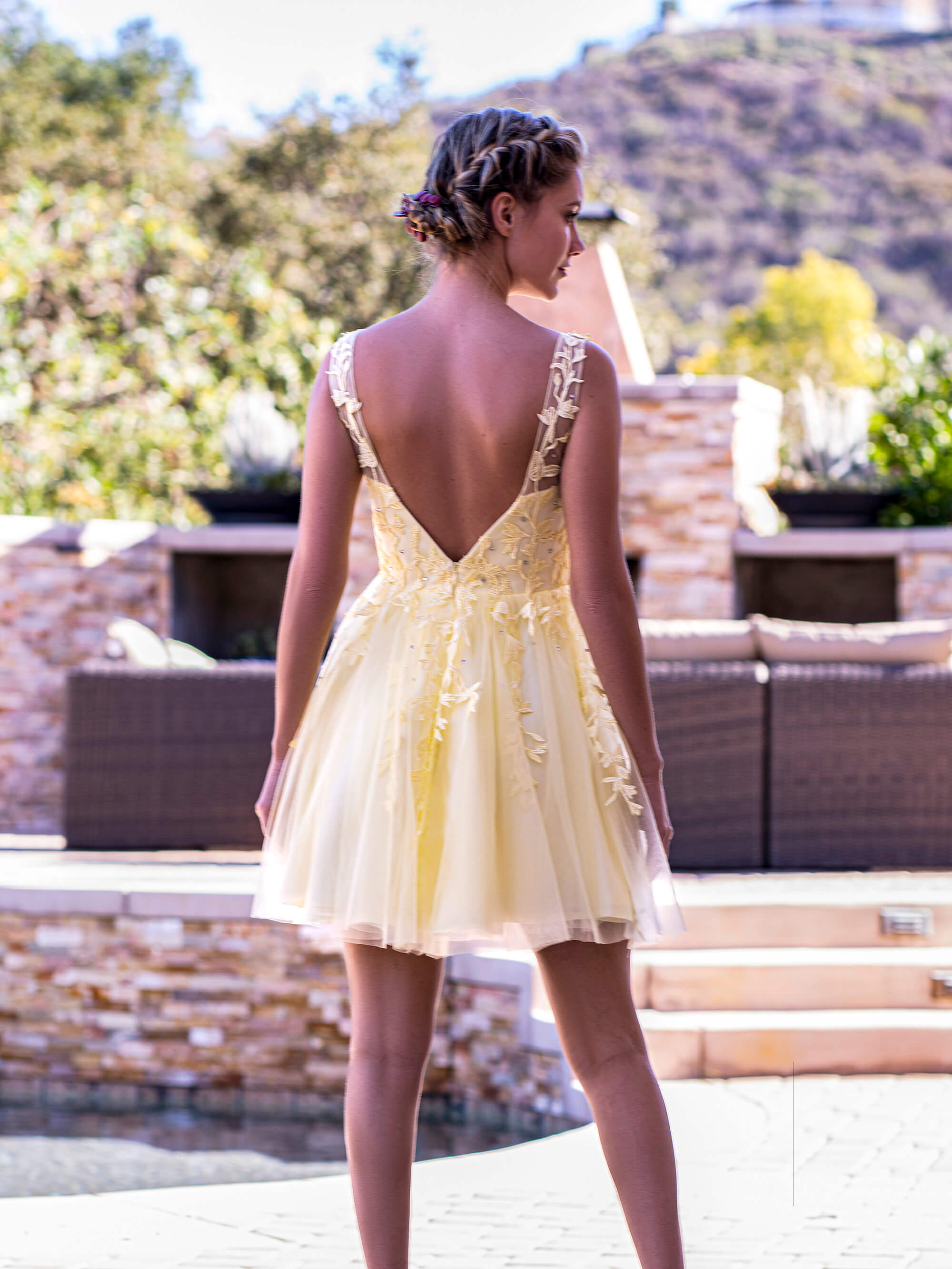 low v back applique tulle mini length homecoming dress