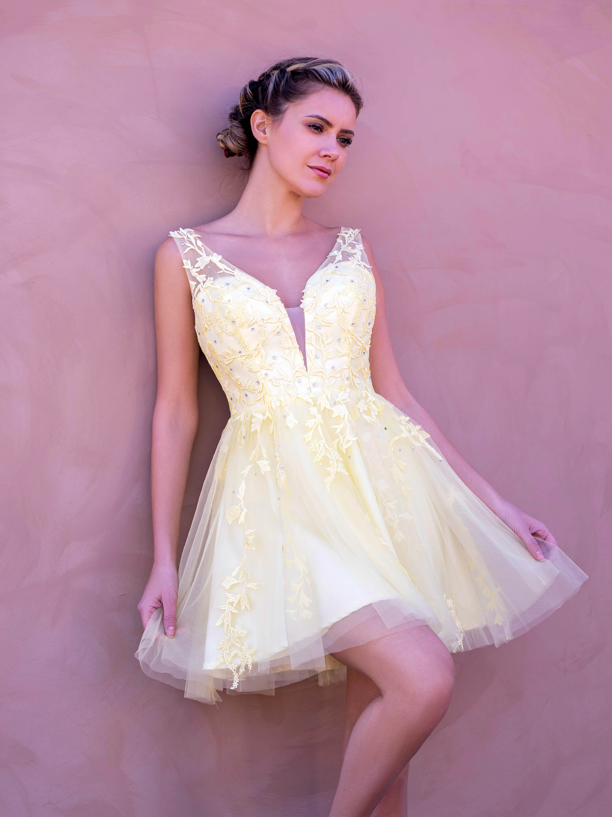 low v back applique tulle mini length homecoming dress