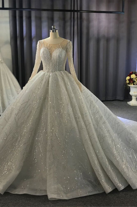 Luxurious Ball Gown Long Sleeves Beaded Sequin Wedding Dress