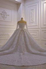 Luxurious Ball Gown Wedding Dress Long Sleeves 3D Lace Sweetheart Long Bridal Dress