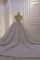 Luxurious Ball Gown Wedding Dress Long Sleeves 3D Lace Sweetheart Long Bridal Dress