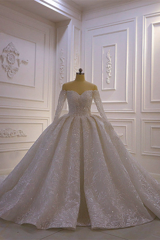 Luxurious Ball Gown Wedding Dress Long Sleeves 3D Lace Sweetheart Long Bridal Dress