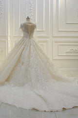 Luxurious Ball Gown Long Sleeves Lace Applqiues Beaded Wedding Dress