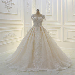 Luxurious Ball Gown Long Sleeves Lace Applqiues Beaded Wedding Dress