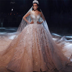 Gorgeous Ivory Wedding Dress Tulle Beaded Bridal Dress with 3D Flowers