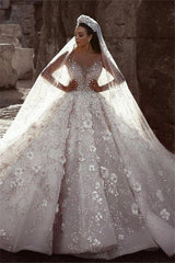 Gorgeous Ivory Wedding Dress Tulle Beaded Bridal Dress with 3D Flowers