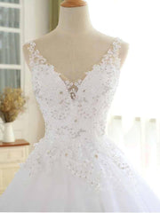 Lace Beaded Wedding Dress V Neck Ball Gown Tulle Bridal Dress