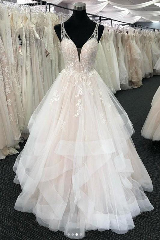 Ivory Wedding Dress V Neck A Line Tulle Bridal Dress with Lace Appliques