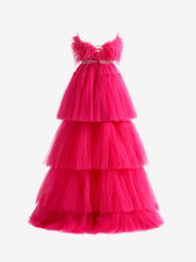 MarieDressystars  A-line High-Low Strapless Ruffled Tulle Material Elegant Prom Dress with Featured Feathers