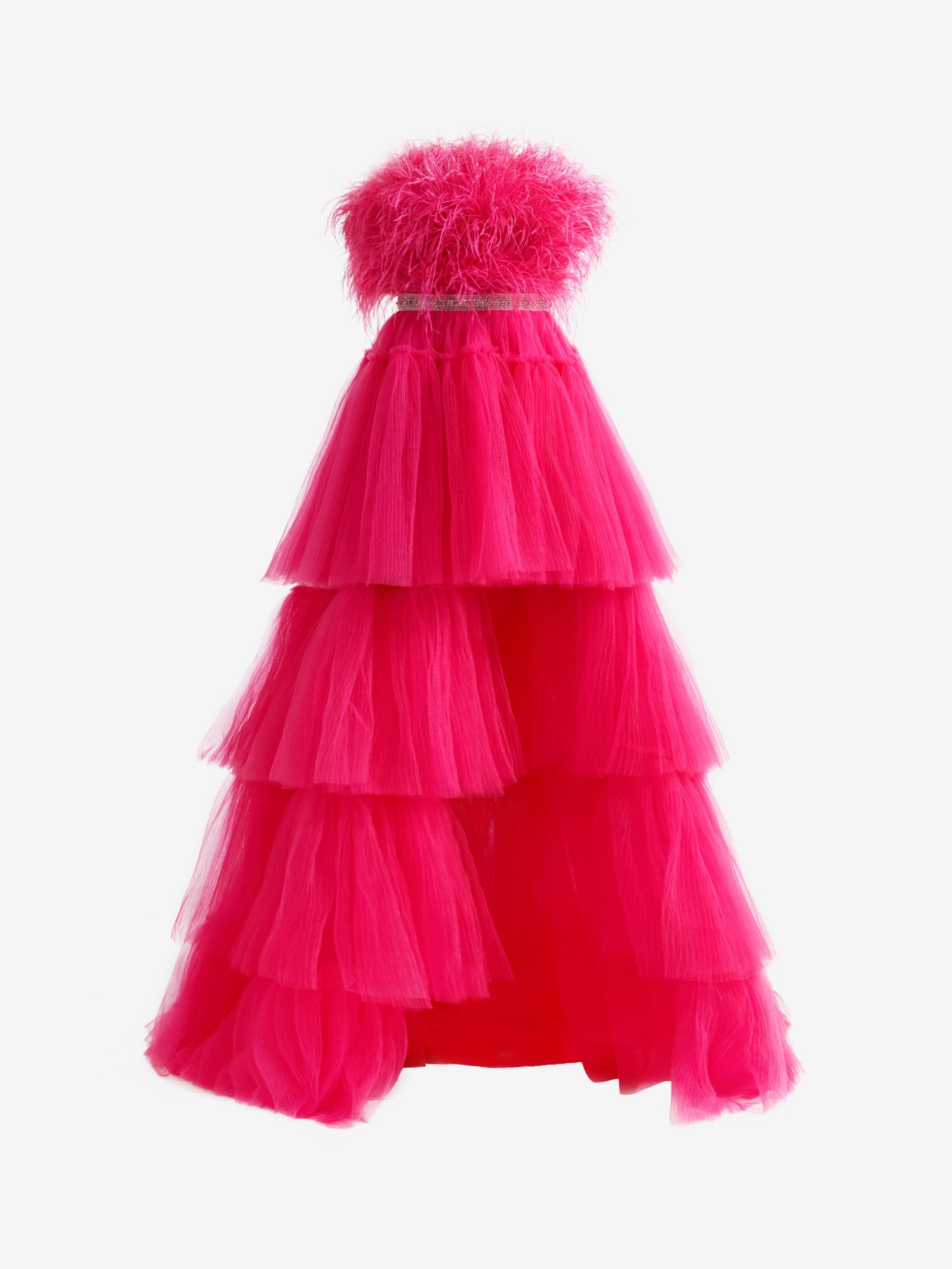 MarieDressystars  A-line High-Low Strapless Ruffled Tulle Material Elegant Prom Dress with Featured Feathers