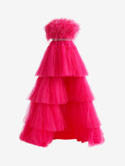 Dressystars  Fuchsia A-line High-Low Strapless Ruffled Tulle Material Elegant Prom Dress with Featured Feathers