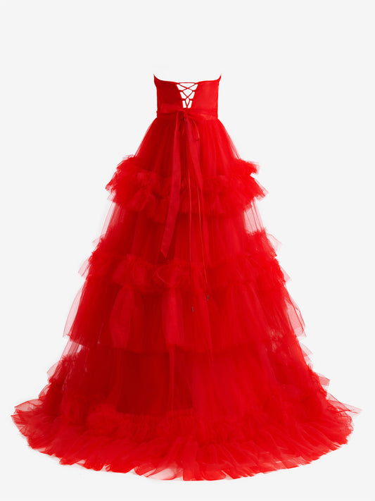 Dressystars Red A-Line Strapless Ruffled Tulle Material Evening Dress