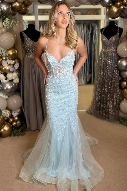 Vada Dressystars Light Blue Floral Delicate Appliques Sexy V-Neck Lace-Up Long Gown