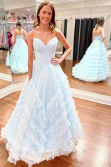 Light Blue Strapless Ruffle Long Prom Dress