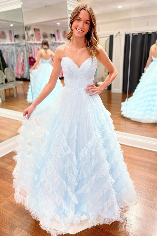 Light Blue Strapless Ruffle Long Prom Dress