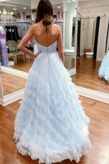 Light Blue Strapless Ruffle Long Prom Dress