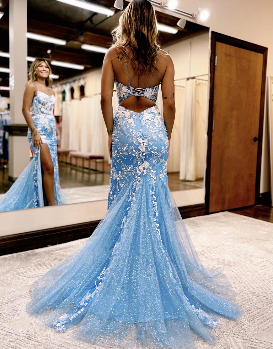 Aubrie Dressystars Mermaid Spaghetti Straps Lace Tulle Material Elegant Prom Dress with Split Design