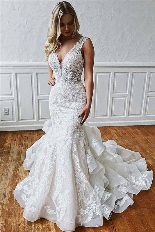 Ivory Wedding Dress V Neck Mermaid Tulle Appliques Bridal Dress