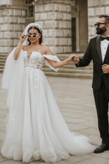 Ivory Wedding Dress Off The Shoulder A Line Lace Tulle Bridal Dress