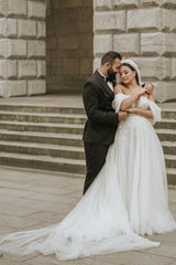 Ivory Wedding Dress Off The Shoulder A Line Lace Tulle Bridal Dress