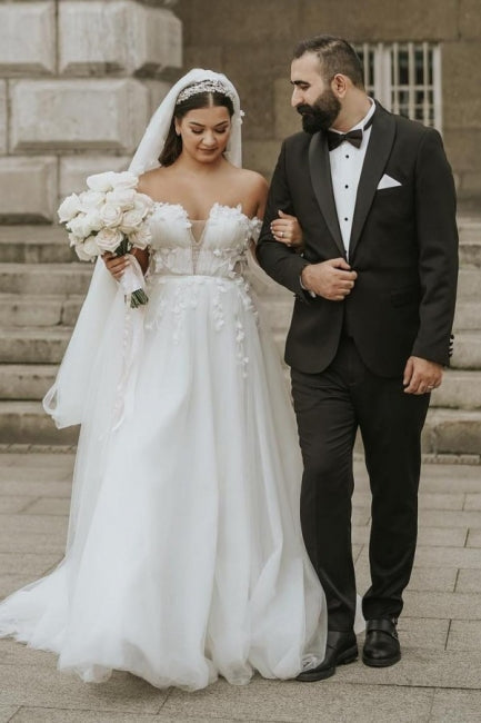 Ivory Wedding Dress Off The Shoulder A Line Lace Tulle Bridal Dress