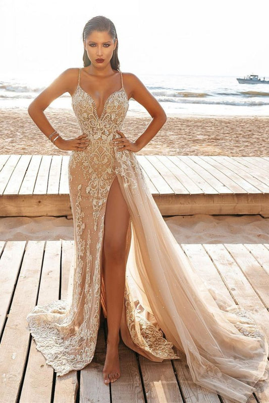 Champagne Beach Wedding Dress Tulle Appliques Spaghetti Straps Bridal Dress