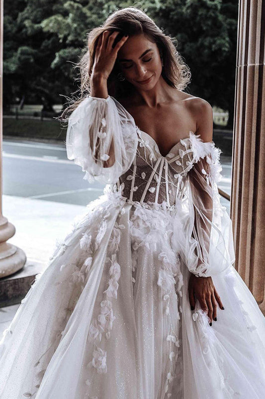 Ivory Wedding Dress Long Sleeve Corset A Line Off The Shoulder Tulle Bridal Dress with Appliques