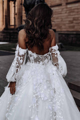 Ivory Wedding Dress Long Sleeve Corset A Line Off The Shoulder Tulle Bridal Dress with Appliques